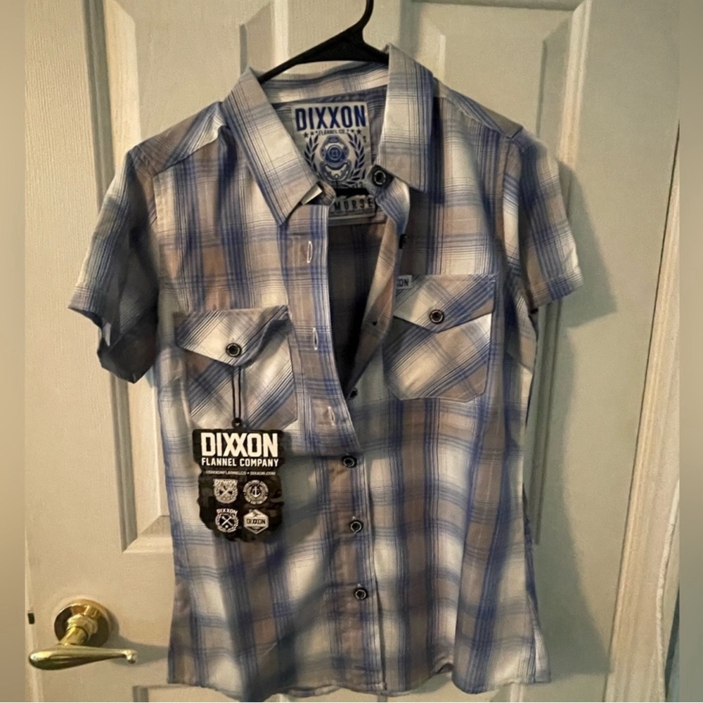 DIXXON Blue White Plaid Short-Sleeve Button-Down Shirt